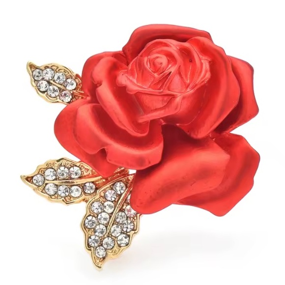 Anthropologie Jewelry - Elegant Red Rose Brooch with Gold Accents.